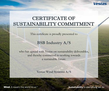 Certyfikat zrównoważonego rozwoju BSB Industry AS Vestas